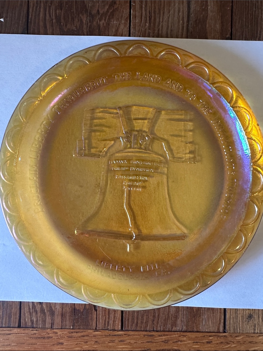 liberty Amber carnival, glass Iridescent Liberty Bell Decorative Glass Plate